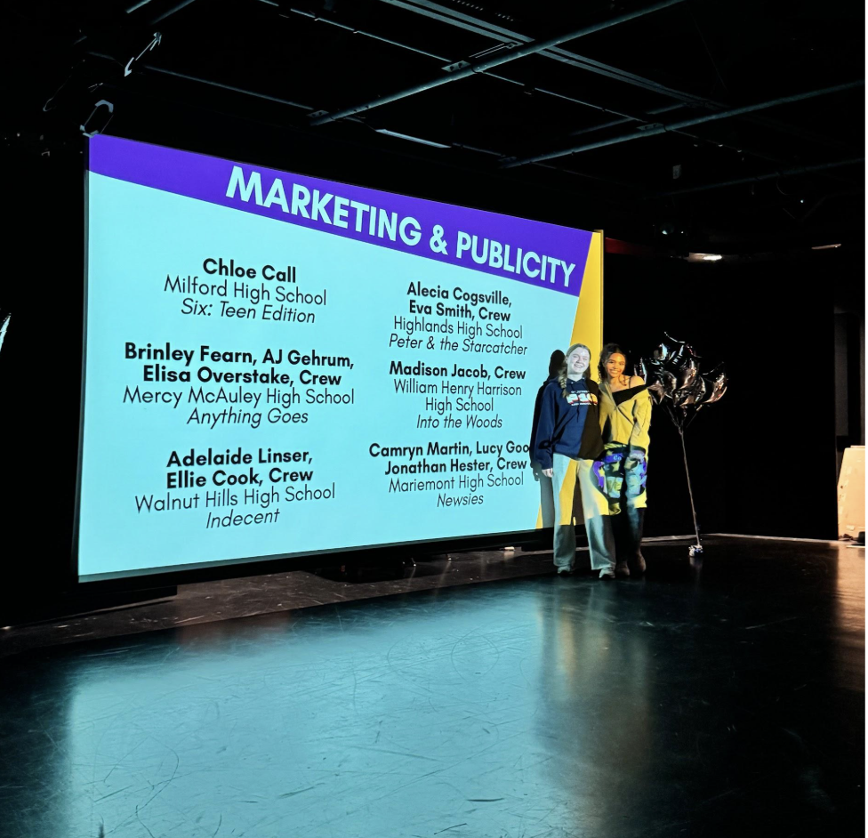 Alecia Cogsville (10) and Eva Smith (10) pose in front of their nomination for Best Marketing and Publicity (Courtesy of Pam Schultz).